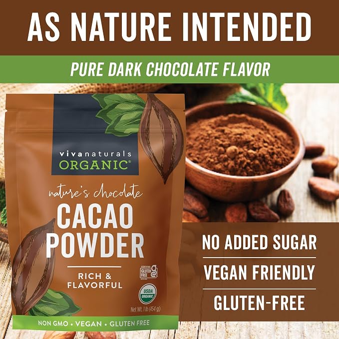 Organic Cacao Powder, Unsweetened, 1 lb (454 g) – Rich Dark Chocolate Flavor, Perfect for Baking, Smoothies & Hot Chocolate – Vegan, Keto, Paleo, Non-GMO & Gluten-Free Cocoa Powder