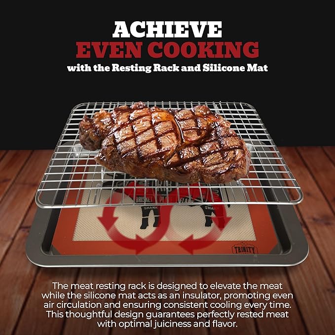 Trinity Provisions Large Meat Resting Pan - With Wire Rack and Silicone Baking Mat - Dishwasher and Oven Safe Stainless Steel, for Cooking and Cooling Steak, BBQ, Bacon, & More