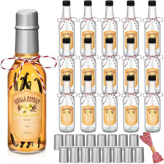 Tioncy 16 Pcs Empty Vanilla Extract Bottles for Homemade Vanilla Jar Glass Bottle with Cap, Shrink Band, Sticker DIY Crafts Wedding Gift Food Storage Canister for Bean(Silver,5 oz)
