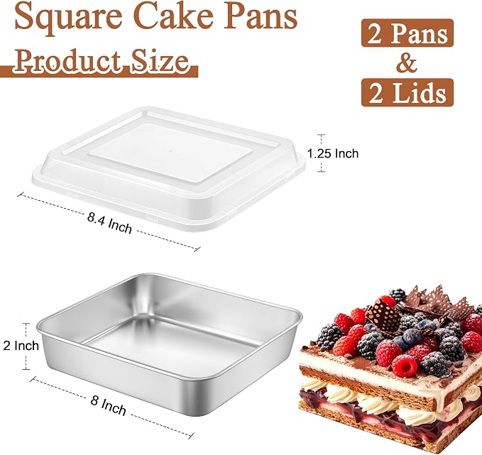 LIANYU 8 Inch Square Cake Pan with Lid, 4 Pack Lasagna Brownie Bread Baking Pan, 8 x 8 Stainless Steel Baking Dish with Cover Set, Commercial Metal Bakeware Set, Dishwasher Safe (4 Pan +4 Lid)