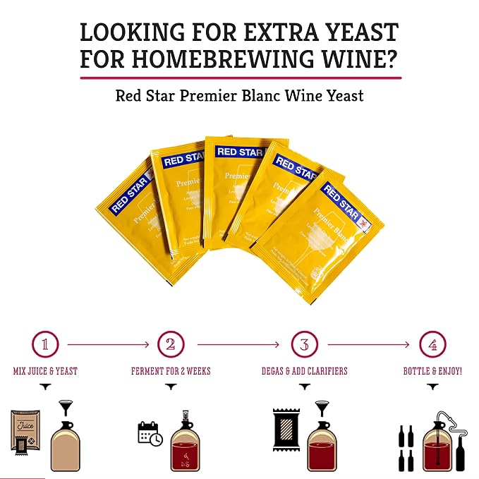 Craft A Brew - Red Star Premier Blanc Wine Yeast - All-Purpose, High-Performing Dry Wine Yeast - For Red & White Wines - Ingredients for Home Fermenting - Wine Making Supplies - 5 Pack
