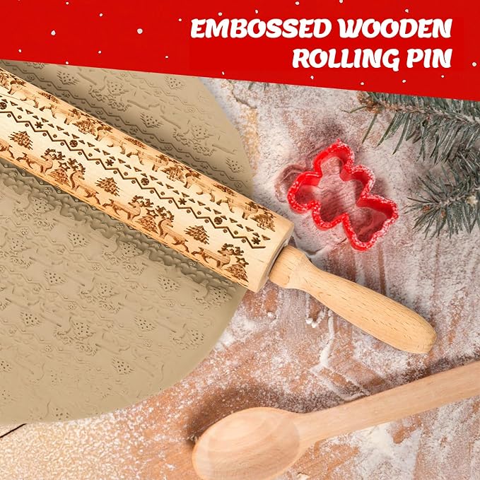 Stocking Stuffers Gifts for Women, Wooden Embossed Rolling Pin for Baking, Deep Engraved Embossing Rolling Pins with Christmas Elk Deer Pattern Designs for Baking Cookies Stamps Roller, DIY Tools