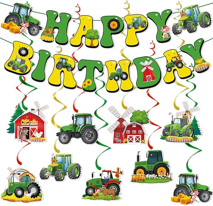 Zwiebeco Green Yellow Tractor Happy Birthday Banner Bunting Hanging Paper Swirls Garland Party Decorations for Farm Themed Baby Shower Kids Bday Decor Accessories Supplies