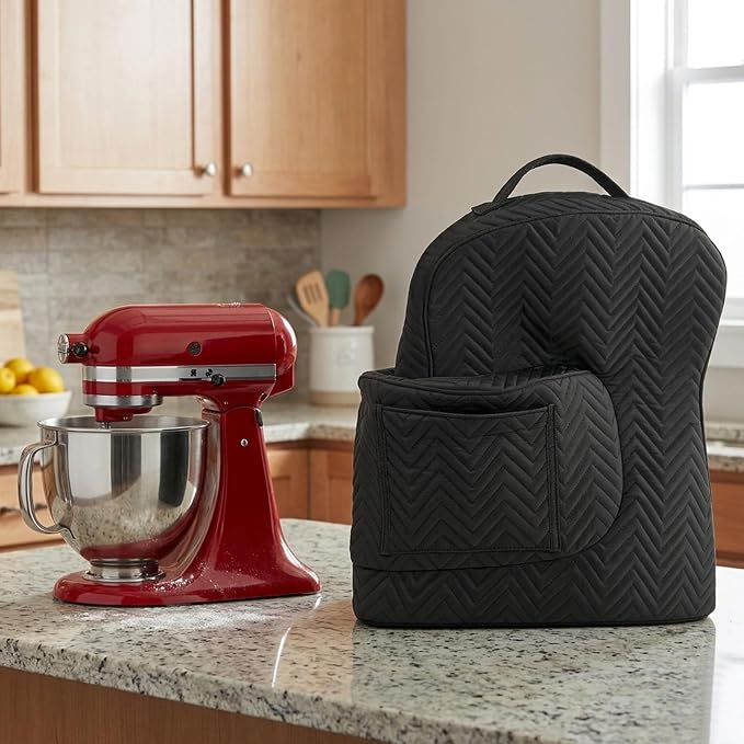 Stand Mixer Cover Compatible with KitchenAid Tilt-Head Mixer, Quilted Dust Cover with Zipper Back & Side Pockets, Protective Storage Bag for Mixer Accessories, Black