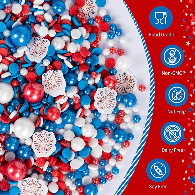 4th of July Edible Sprinkles,Red White Blue Patriotic Sprinkles Mix Edible Fireworks Wafer Paper,130g,Round Confetti Pearls Sprinkle for Cake Decorating,Flag Day,Juneteenth Independence Day Cupcake Donut Cookie Decorations for Fourth of July Party