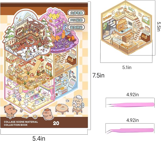 20 Sets DIY 3D Sticker Scene Collection Book for Kids Adults Cute Make Your Own Shop House Stickers for Gifts Stickers Therapy for Adult Relief Stress Pass The Time Play Park Hamburg Castle Library