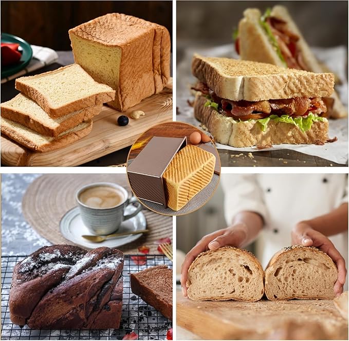 2-pack 2.2lb Aluminized Steel Gold Pullman Loaf Pan with Lid, Premium Non-Stick Coating Bread Pan, PFTE and PFOA-Free, Safe and Healthy Baking for Homemade Bread with Family-sized Recipes