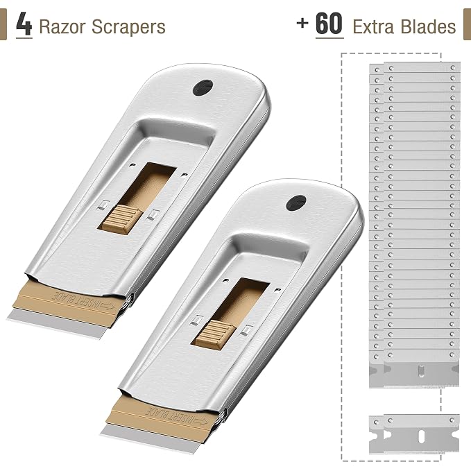 Bates Choice Metal Razor Blade Scraper Tool, Pack of 4, 60 Extra Carbon Steel Blades, Stainless Steel Heavy-Duty Cleaning Razor Scraper Tool