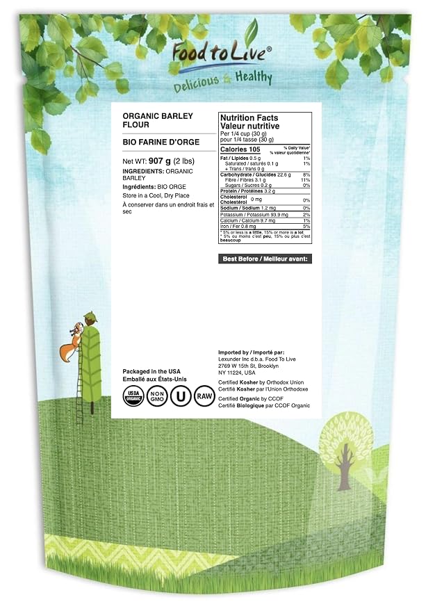 Food to Live Organic Barley Flour, 2 Pounds – Non-GMO, Stone Ground from Whole Hulled Barley, Fine, Kosher, Vegan, Bulk. Rich in Fiber. Perfect for Flour Blends. Great for Baking. Product of the USA.