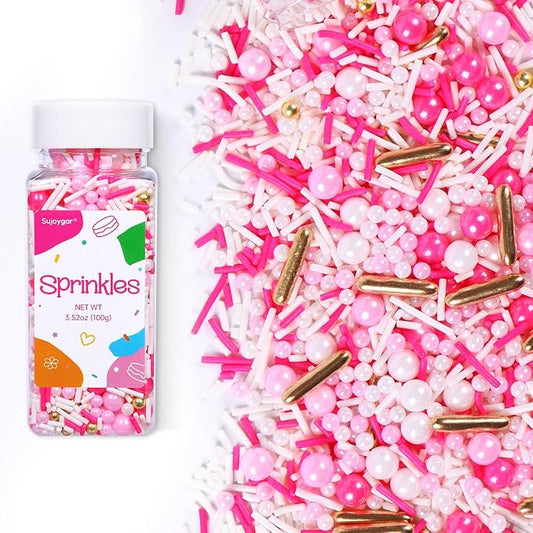 Pink Sprinkles for Cake Decorating, 3.52oz Pearl Sprinkles for Ice Cream Cupcakes Toppings Baking Cookies, Pink Gold Sprinkle for Valentines Weddings Princess Shower Bridal Party