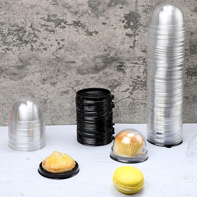 Patelai 150 Pcs Clear Plastic Mini Cupcake Container, Mini Cupcake Box Muffin Dome Muffin Single Container Box for Wedding Birthday Cheese Pastry Dessert Cake (Black)