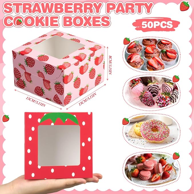 50 Pack Strawberry Cookie Boxes with Window, Berry Sweet Treat Boxes for Berry First Birthday, Strawberry & Summer Party Bakery Favors for Cookies, Macarons & Cupcakes