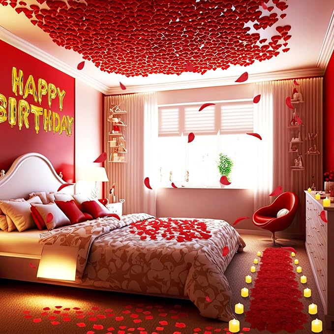 Red and Gold Happy Birthday Balloons Decorations Happy Birthday Letter Balloons Banner with 24pcs Flameless LED Candles and 2000pcs Artificial Rose Petals for Women Men Room Party Decorr