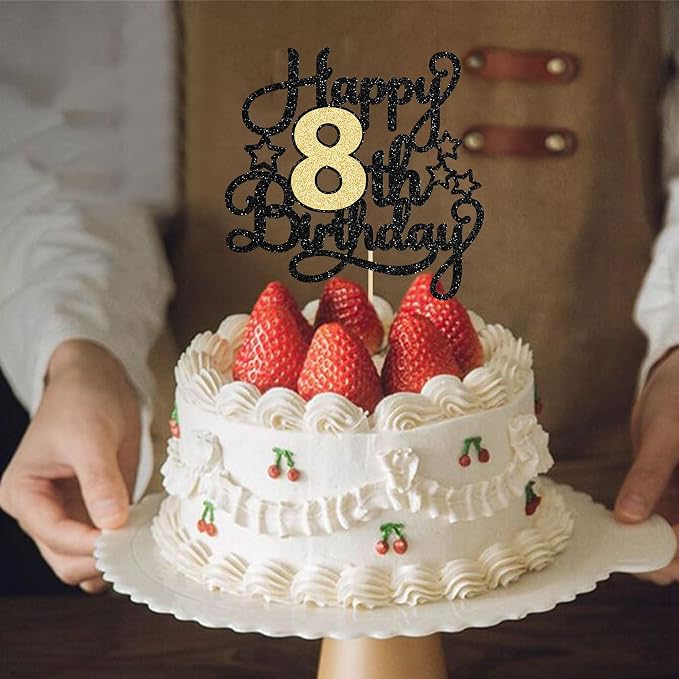 1Pc 8th Happy Birthday Cake Topper Glitter Cheers to 8 Years Cake Pick Decoration for 8th Birthday Party Supplies Black Gold