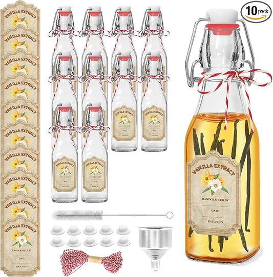10 Pack Swing Top Glass Vanilla Extract Bottles 8 oz with Lids, Vanilla Extract Labels and Funnel, Glass Boston Bottles for Syrup Gift, Flip Top Jars