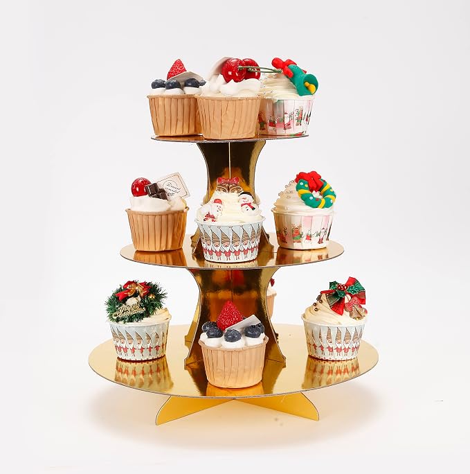 YLDW Cupcake Stand, 3-Tier Cupcake Stand Display, Cardboard Cup Cake Tower Stand, Disposable Dessert Stand for Birthday Tea Party Baby Shower Treat Decorations, Mirror Gold