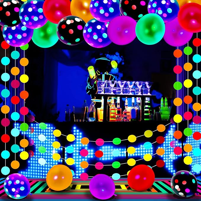 Skylety 32 Pcs Glow in The Dark Party Supplies Neon Party Favors with 25 Fluorescent Balloon 6 Rolls 98.4 ft UV Blacklight Luminous Tape 14.4 ft Neon Streamer Garland for Adults(Classic Big Dot)
