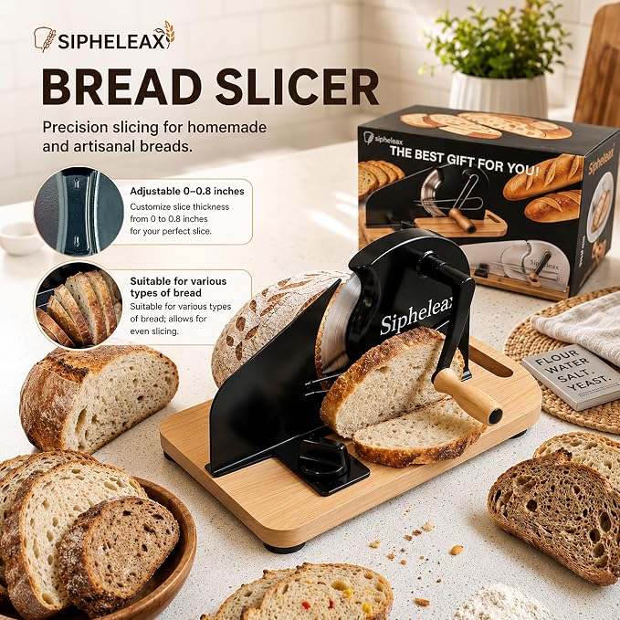 Manual Adjustable Sourdough Bread Slicer for Homemade Bread | Homemade bread and sourdough rounds, hand crank control, wall-mount storage, 0-0.8 in slices, no assembly, 420U6 blade