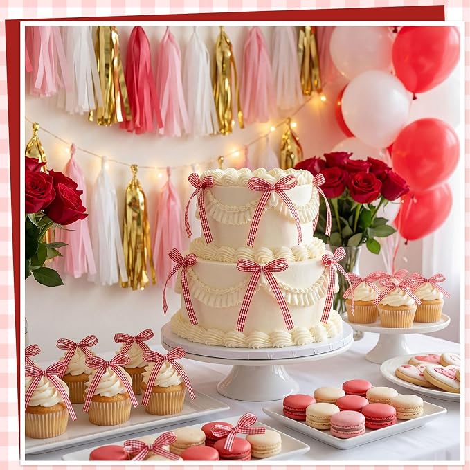 30 PCS Red Gingham Bows for Cake Ribbon Bow Cake Toppers Bow Cupcake Topper for Birthday Wedding Bachelorette Baby Shower 4th of July Decoratings Desserts and Party Food
