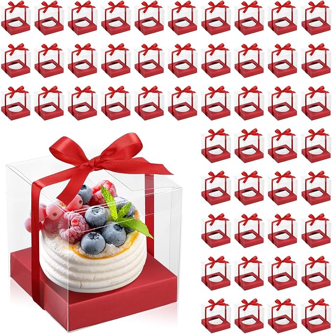 Thenshop 50 Pcs Clear Cupcake Boxes Individual 3.5 Inch Plastic Single Cupcake Containers Boxes with Inserts and Ribbon Individual Cake Storage Holders for Cake Kitchen(Red)