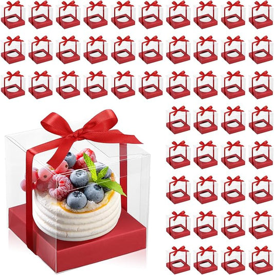 Thenshop 50 Pcs Clear Cupcake Boxes Individual 3.5 Inch Plastic Single Cupcake Containers Boxes with Inserts and Ribbon Individual Cake Storage Holders for Cake Kitchen(Red)