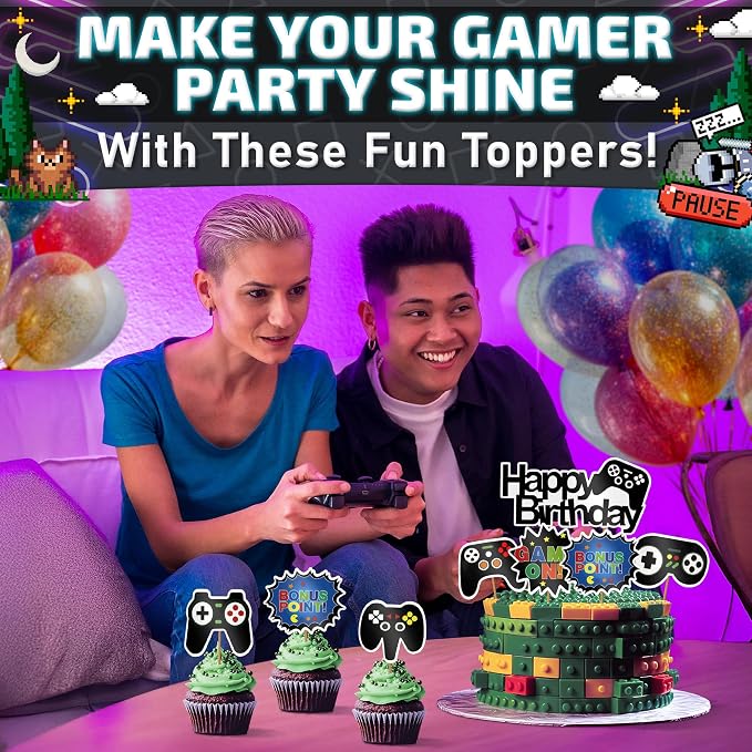 13 Pcs Gamer Cake Topper - Sturdy Cardboard Gamer Cake Decorations with Detailed Gamepads, Video Game Cake Topper Easy & Firm Installation Sticks - Splashy Video Game Decorations for Boys & Girls