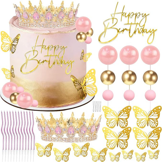 Crown Cake Topper, Pink & Gold Crown Balls Happy Birthday Cake Toppers Birthday Candles Butterfly, Corona Para Pastel, Crown Cake Decorations for Women Queen Princess (Gold, Jelly Pink)