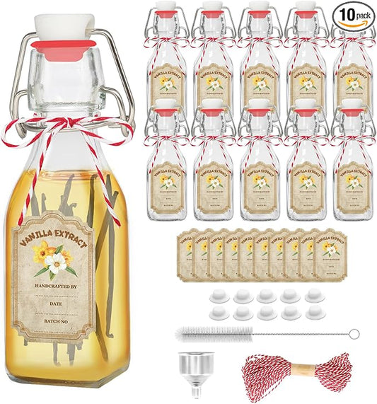 10 Pack Swing Top Glass Vanilla Extract Bottles 4 oz with Lids, Vanilla Labels & Funnel, Boston Square Bottles for Homemade Syrup, DIY Gifts, Flip Top Jars for Extract