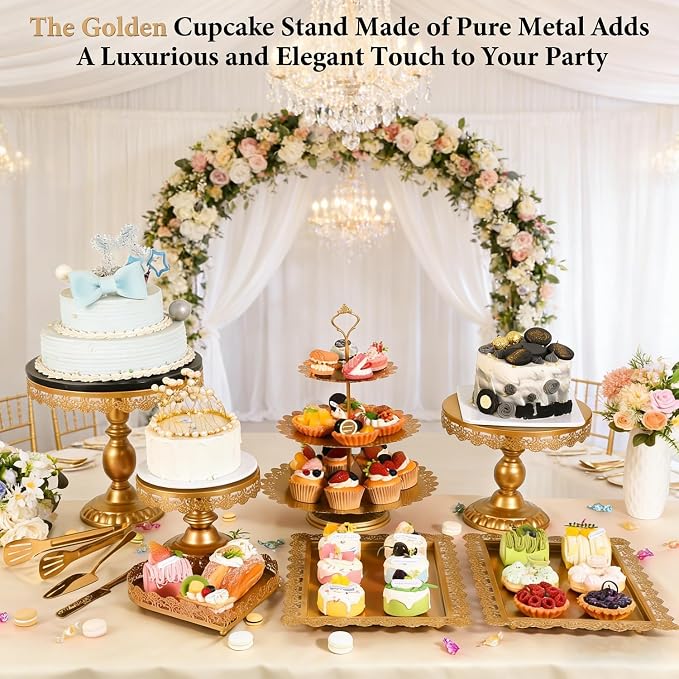 12 Set of Gold Cake Stand, Metal Gold Cupcake Stand and Bases para Postres de Mesa, Elegant Gold Dessert Stands for Party and Wedding, Easy to Clean Desert Table Display Set