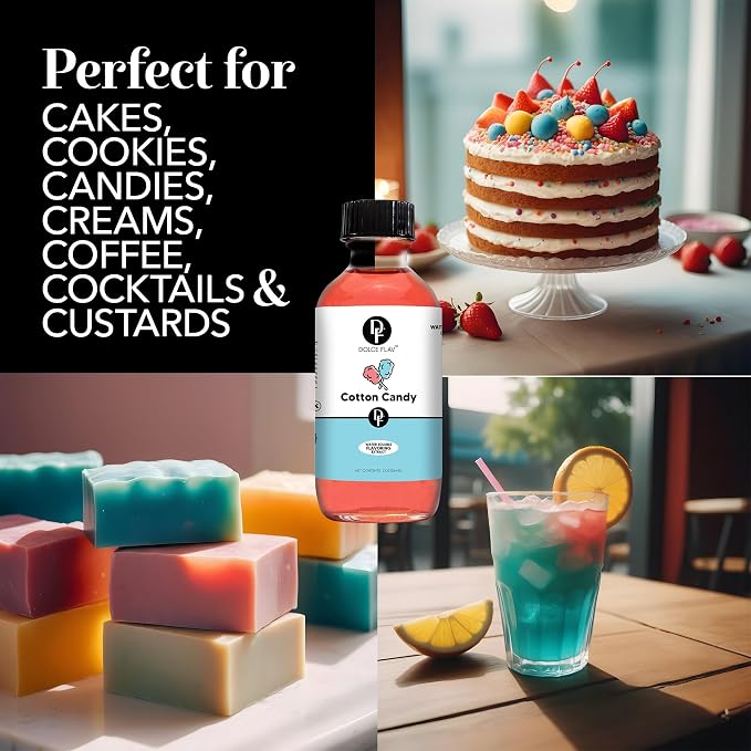 Dolce Flav Cotton Candy Extract – 8 Ounce Water-Soluble Kosher, Sugar-Free, Concentrated Carnival-Style Flavoring for Baking, Frostings & Drinks