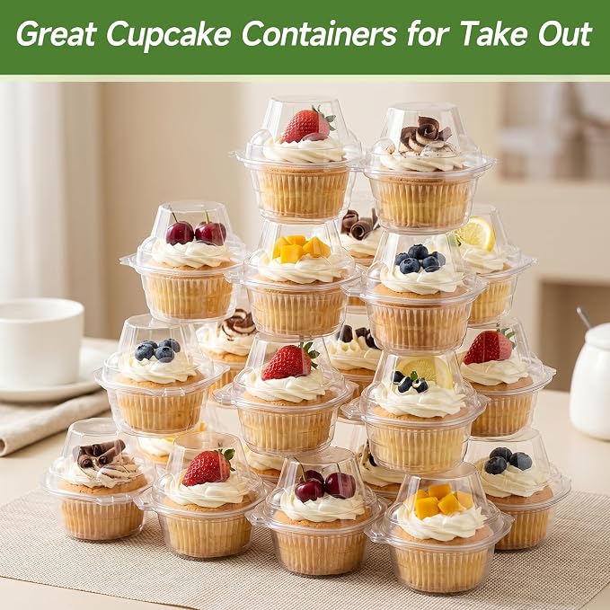 Dealusy 70 Pack Individual Cupcake Containers with Airtight Dome Lids, Clear Plastic Single Cupcake Boxes, Stackable Disposable Muffin Holders for Baking, Parties, Weddings & Picnics