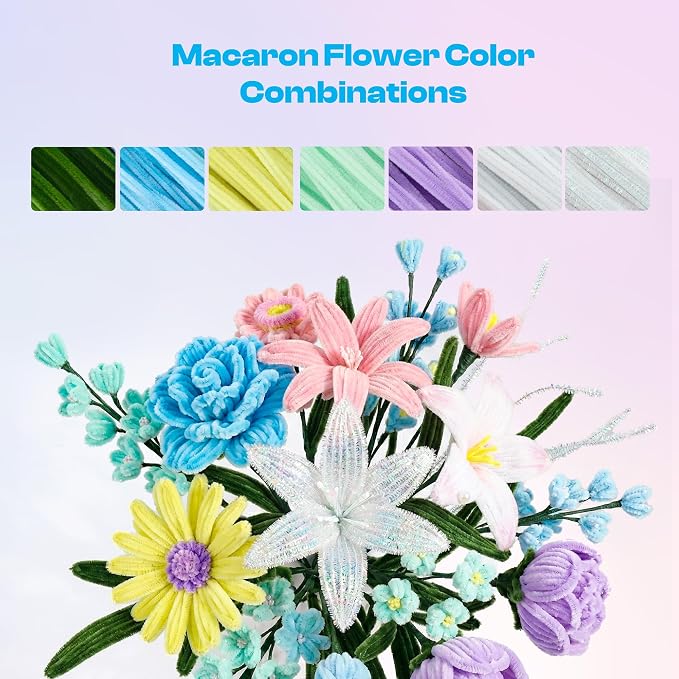 Caydo 700 Pieces Pipe Cleaner Flower Kit with Bouquet Making Accessories, Macaron Colorful Craft Chenille Stems Bulk for Flowers Making and Home Decor