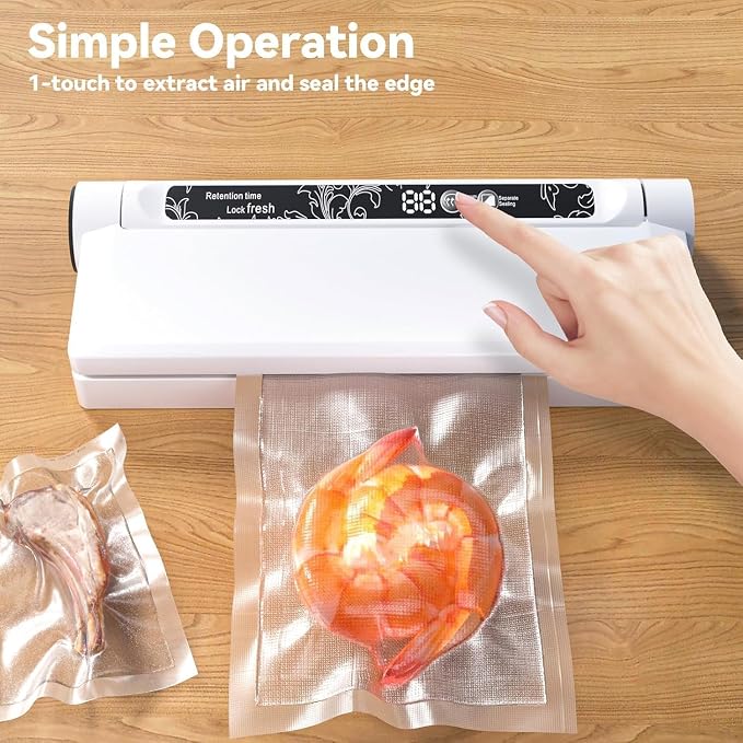 Compact Vacuum Sealer Machine, 75KPA Strong Suction, LED Digital Timer Display, Dual Use for Dry & Wet Foods, Includes 20 Bags, Ideal for Home Kitchen Use, White
