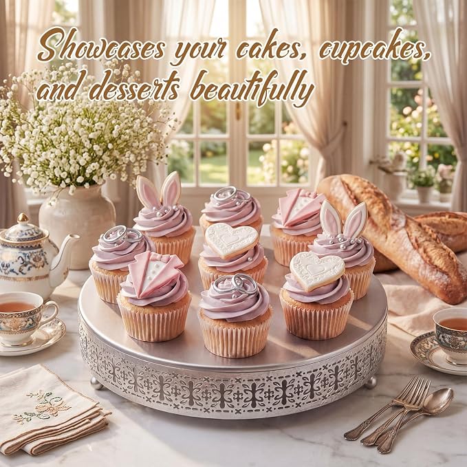 Wenqik Silver Cake Stand 12 Inch Metal Round Wedding Cake Stand with Cutting & Spatula Cupcake Dessert Cookies Display Holder Fruit Serving Tray for Wedding Birthday Anniversary Party