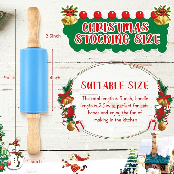 Thenshop 10 Pcs 9 Inch Mini Rolling Pins Kids with Wooden Handle, 5 Colors Silicone Non-stick Small Dough Roller for Kids, Home Kitchen Baking Supplies for Cookie Pastry Fondant Cake