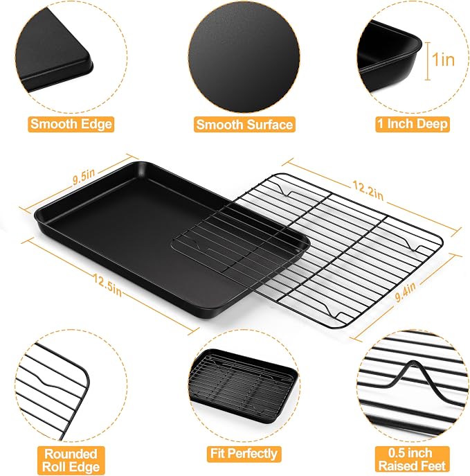 E-far Nonstick Baking Sheet with Rack Set, 12.5 x 9.5 x 1 Inch Cookie Sheet Baking Pans with Cooling Racks, Warp Resistant & Heavy-Duty, Non-Toxic & Easy Clean (2 Pans + 2 Racks)