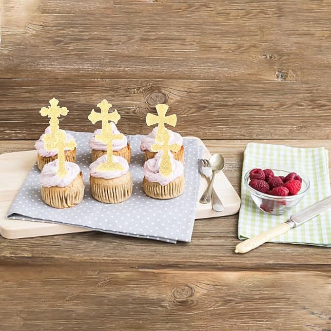 60 PCS Edible Cross Cupcake Toppers Wafer Paper God Bless and Baptism Cupcake Picks Edible Christian Baptism Cross Cake Decorations for Religious Theme Baby Shower Birthday Party Supplies Gold
