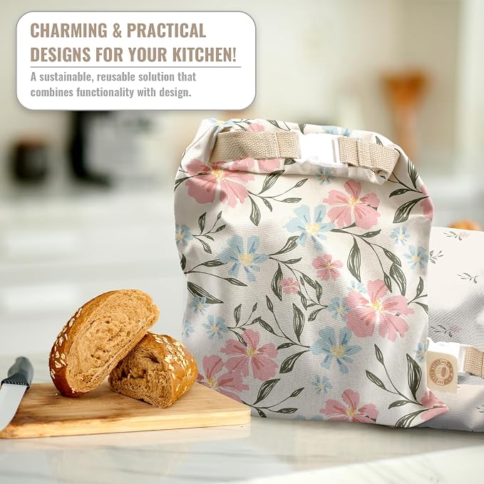 Cozy Bread® Reusable Bread Bag Set for Home Bakers | USA Brand | Charming Bread Designs (Hibiscus)