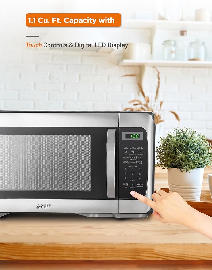 COMMERCIAL CHEF 1.1 Cu Ft Microwave with 10 Power Levels, Microwave 1000W with Push Button Door Lock, Countertop Microwave with Turntable and Digital Controls, Stainless Steel