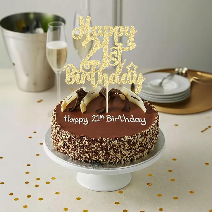 Gyufise 1Pc Happy 21st Birthday Cake Topper Glitter 21 & Fabulous Cheers to 21 Years Old Birthday Cake Pick for Celebrating 21st Birthday Anniversary Party Cake Decorations Gold
