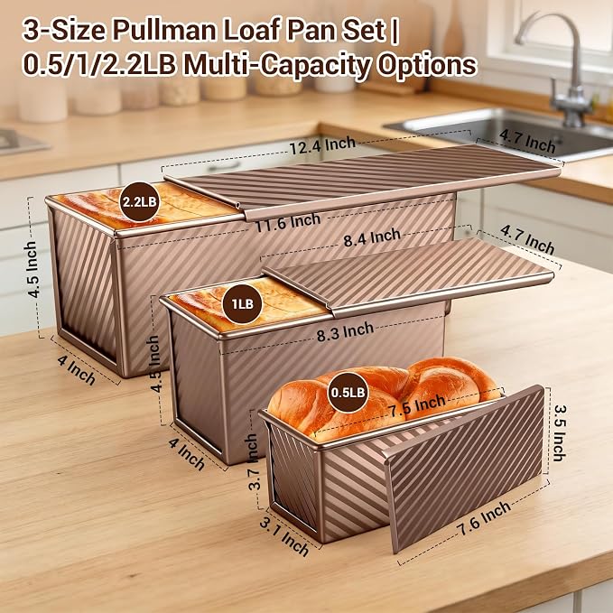 3 Pack pullman loaf pan with lid: pullman loaf pan Non-Stick Carbon Steel Bread Pans for Homemade Sandwich, Sourdough & Artisan Breads – Corrugated Toast Molds with Lids for Kitchen Home Baking