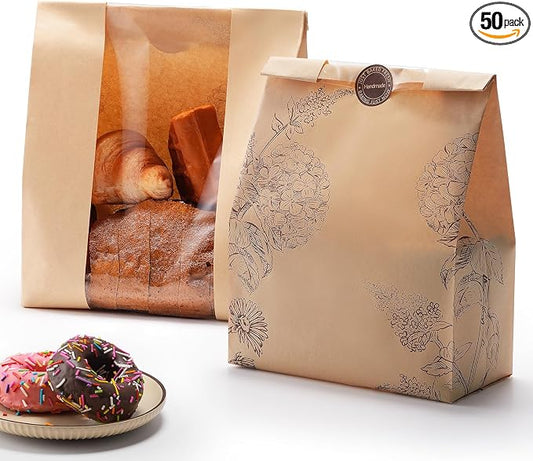 50 Pack Paper Bread Bags for Homemade Bread and Sourdough, 50% Thicker Large Kraft Loaf Bags with Clear Window for Bakery Packaging & Storage, Includes Sealing Stickers