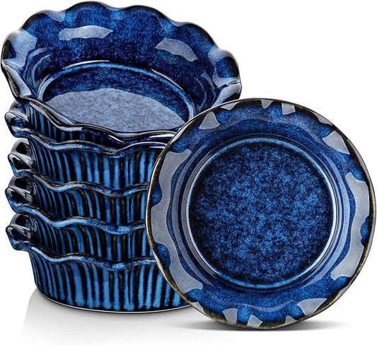 vancasso Ceramic Mini Pie Pans Set of 6, 5.2 Inch Small Pie Plates for Baking with Ruffled Edge, Individual Quiche Baking Dishes Tart Pans, Mini Pot Pie Plates for Microwave & Oven Safe, Blue