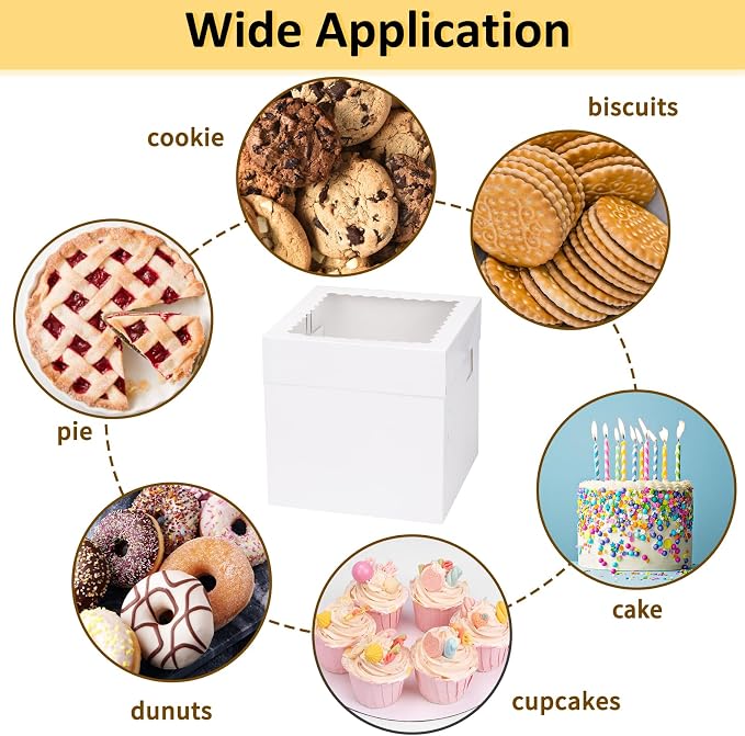 Moretoes 5 Pack Cake Boxes 8 Inch, Bakery Containers with Large Window, 8 Inch White Cake Carrier, Disposable Boxes for Halloween Birthday, Party, Cupcake Cookie Pie Pastry (8x8x8 Inches)