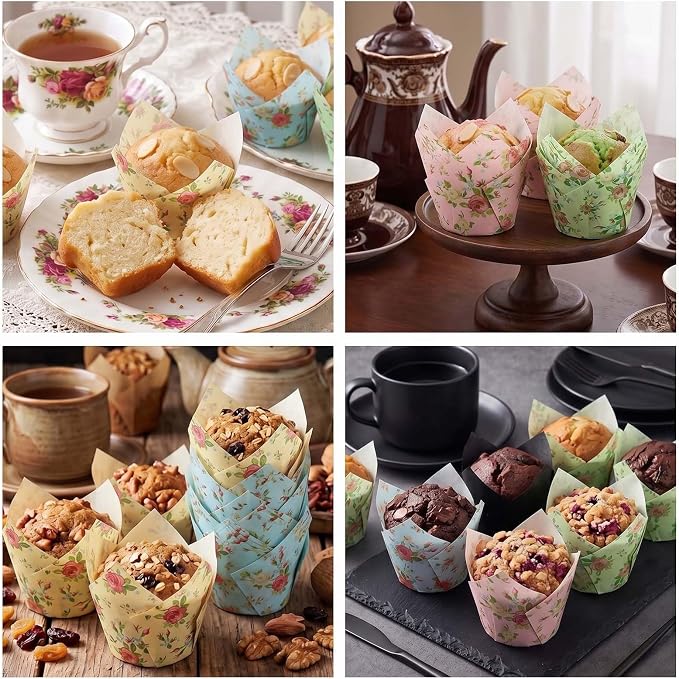 200 Pcs Floral Tulip Cupcake Liners for Baking, Color with Wildflowers | Standard Greaseproof Tulip Muffin Liners for Baking, 3oz Paper Cupcake Wrappers for Party Wedding Birthday