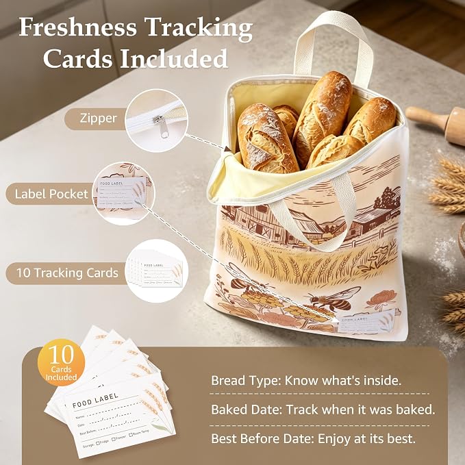 2 Pack Beeswax Bread Bags for Sourdough, 17x13 Inch Reusable Cotton Bread Storage Bags with Zipper and Handle Natural Beeswax Lining Freezer Friendly with 10 Food Labels Included (Farm Bees)