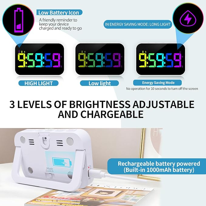 Kitchen Digital RGB Timer, Count Down Up, Rechargeable, Vibration Mode Adjustable Volume and Brightness LED Display, Time Management Cook, Desk, Kids Adults Study Teaching, Kitchen Gadgets