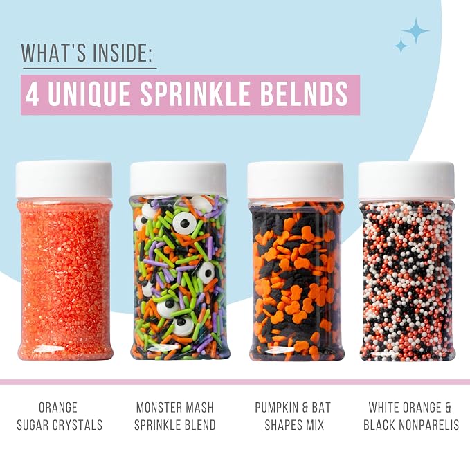 Sweets Indeed Sprinkles, 4 Pack, Edible Sprinkle Mix, Perfect for Cake Decorations, Baking, Ice Cream, Cookies, Cupcake Topper (Halloween)