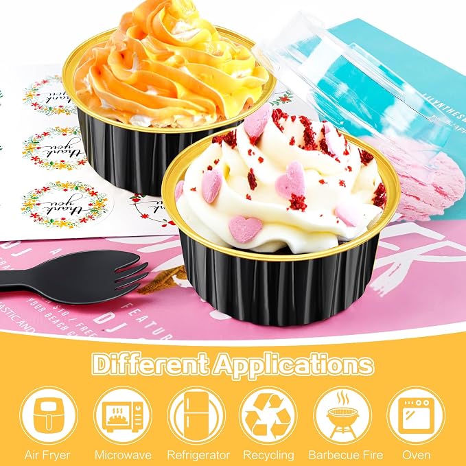 30Pcs Mini Cake Pans with Lids Aluminum Foil, ZOXILEN 5oz Disposable Mini Loaf pans with Lids Spoons, Round Small Baking Cups Pie Tins Cheesecake Containers for Party Black Gold