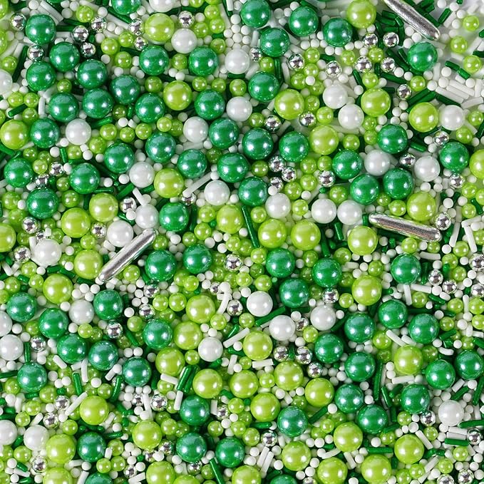 St. Patrick’s Day Sprinkles - 7oz Green and White Silver Pearls Nonpareils Jimmies Metallic Sprinkles for Cake Decorating, Cookie, Cupcake Topper, Spring St Patty's Day Baking Supplies
